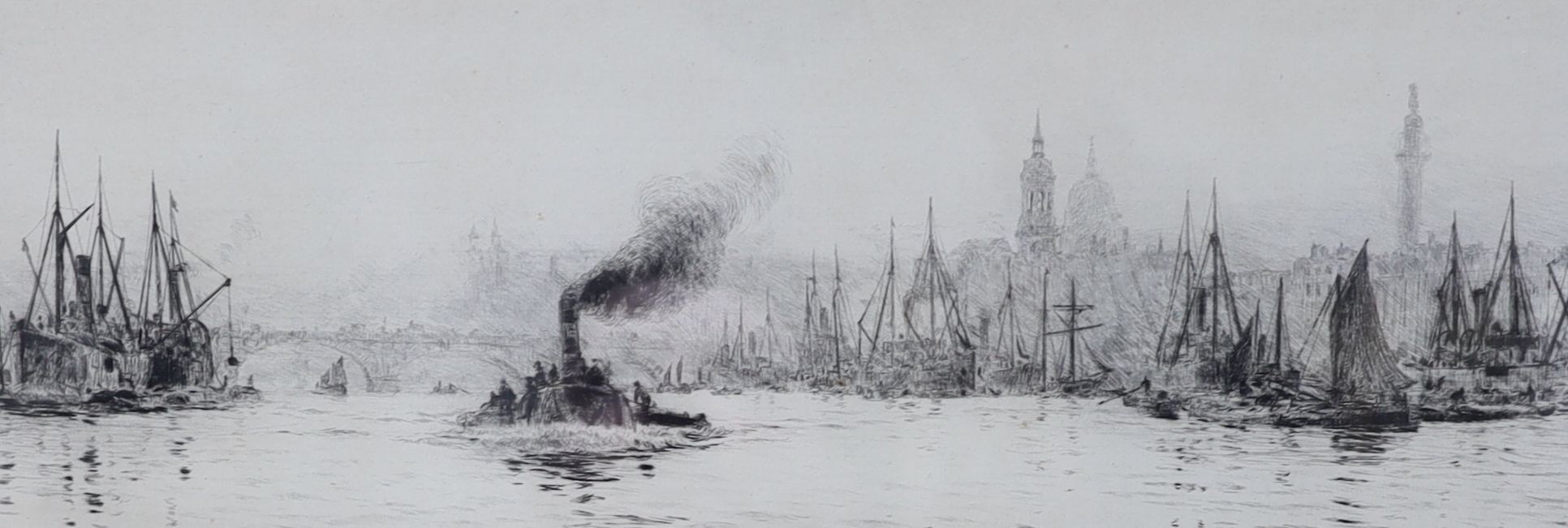 William Lionel Wyllie (1851-1931), etching, View along The Thames, signed in pencil, 11 x 33cm